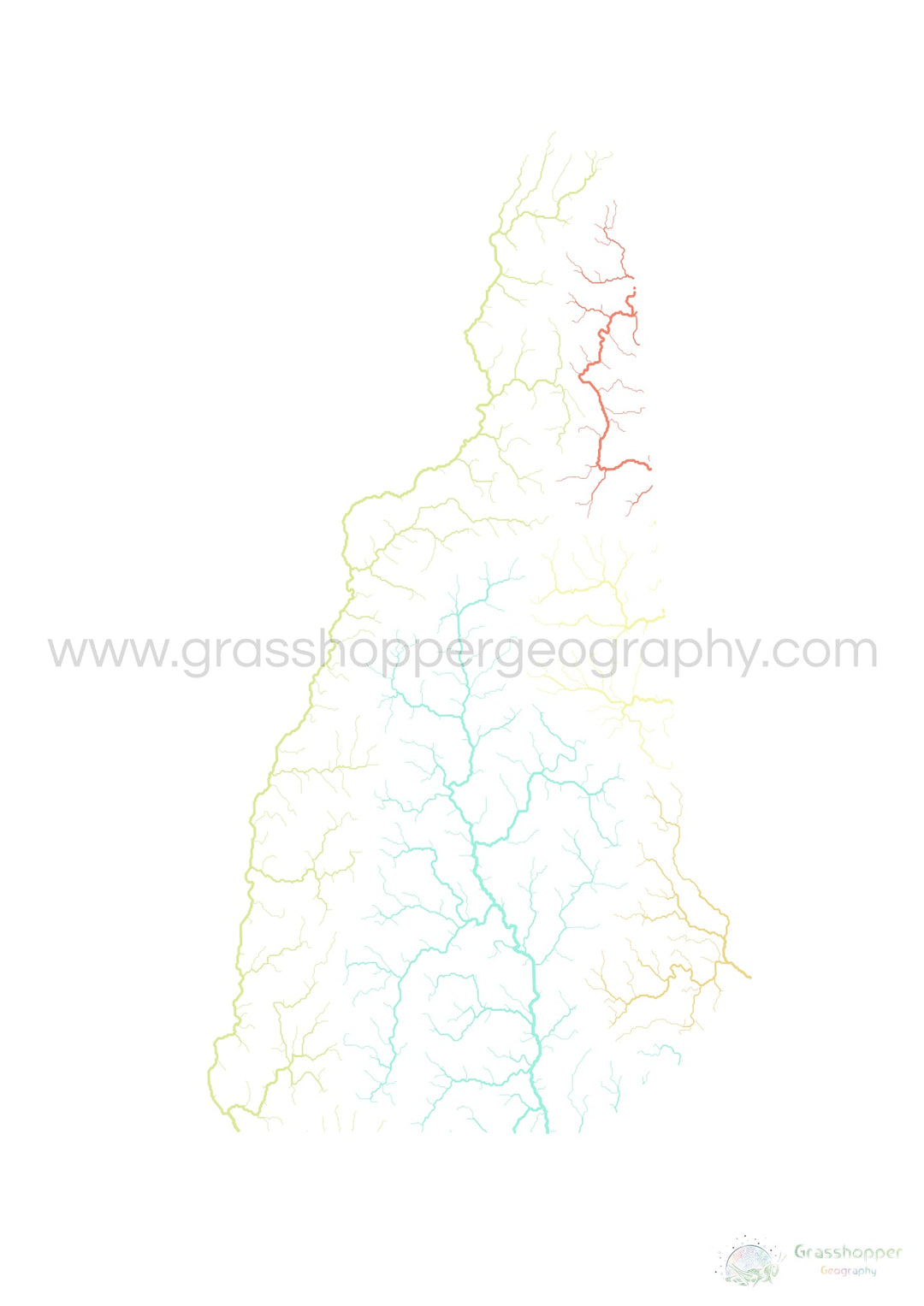New Hampshire - Mapa da bacia hidrográfica, pastel sobre branco - Impressão de belas artes