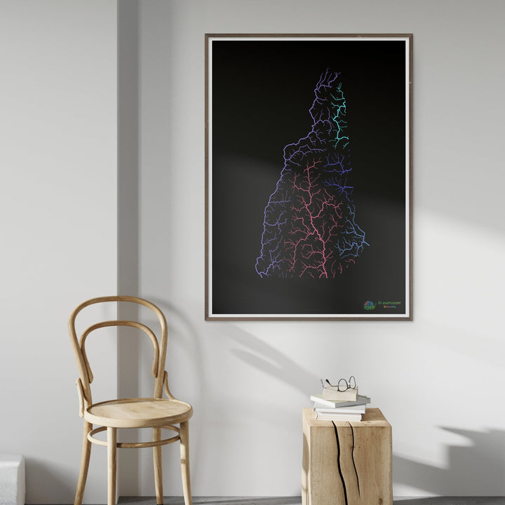 New Hampshire - Mapa da bacia hidrográfica, arco-íris em preto - Impressão de belas artes