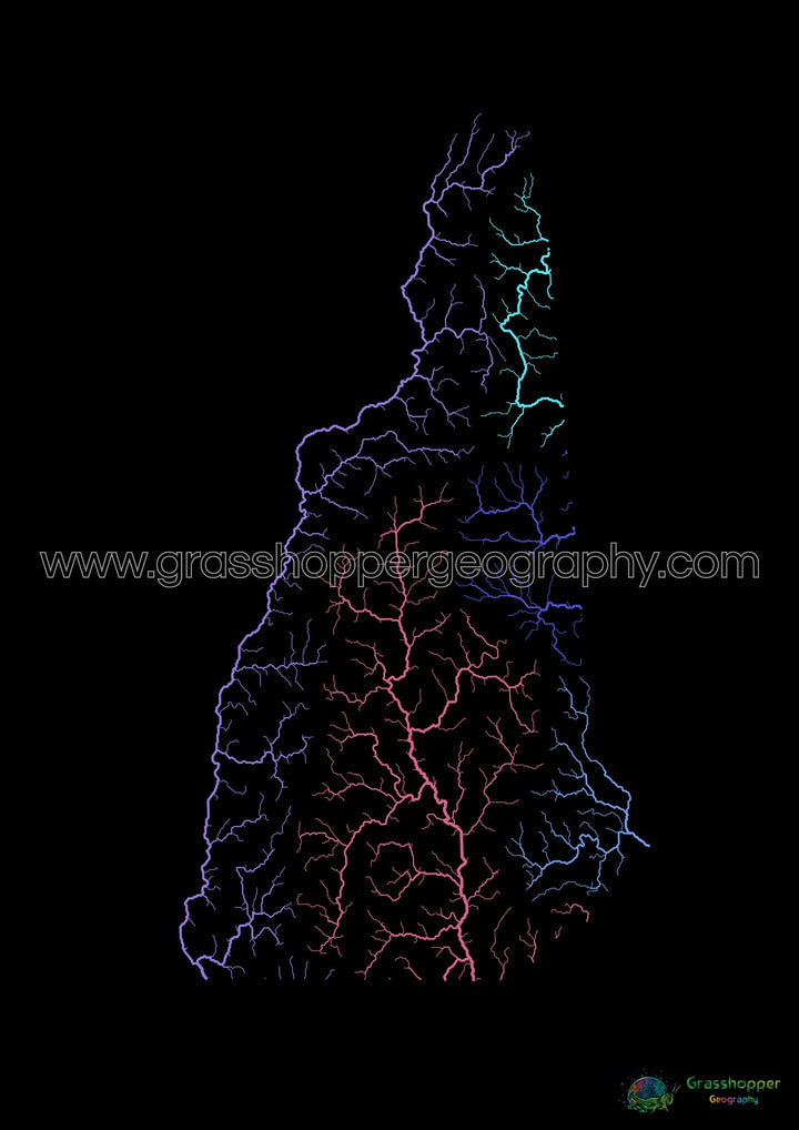New Hampshire - Mapa da bacia hidrográfica, arco-íris em preto - Impressão de belas artes
