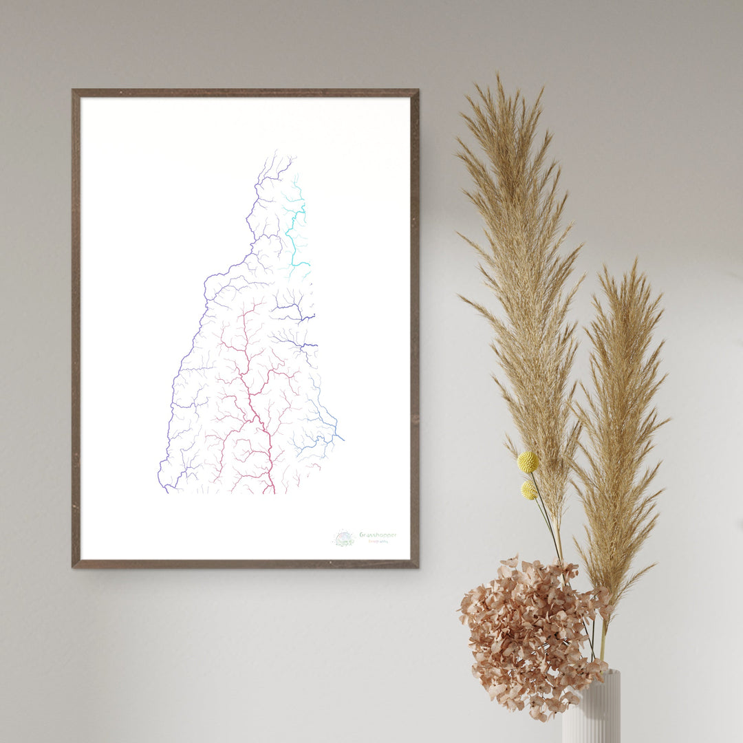 New Hampshire - Carte du bassin fluvial, arc-en-ciel sur blanc - Fine Art Print