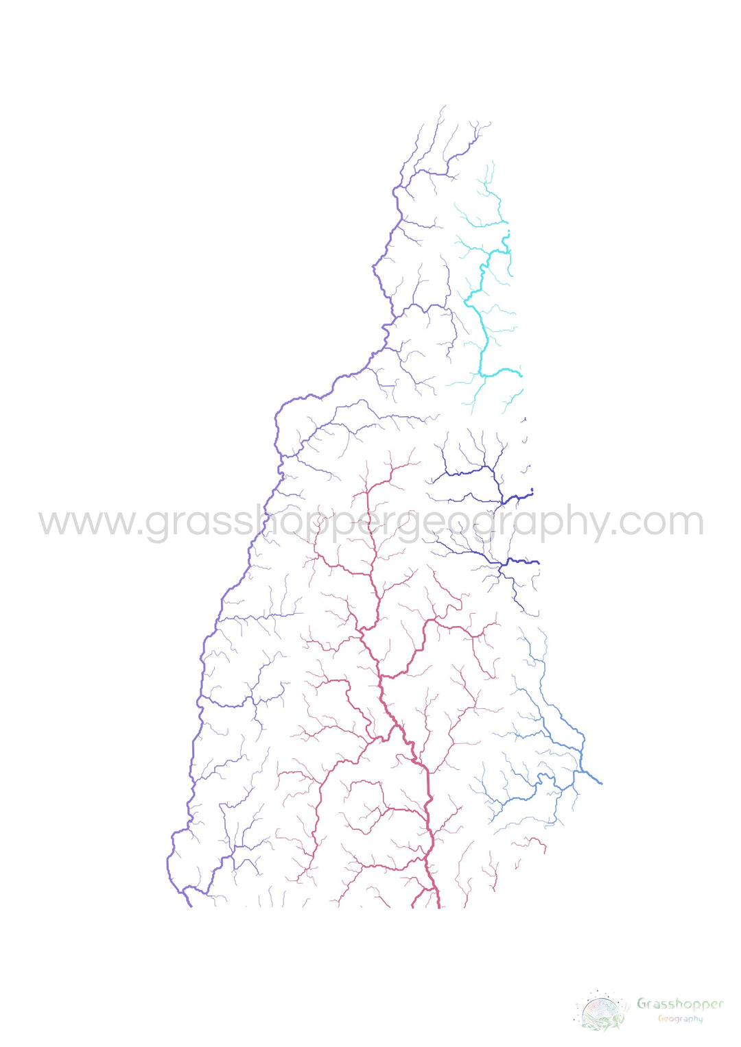 New Hampshire - Mapa de la cuenca fluvial, arco iris sobre blanco - Impresión de bellas artes