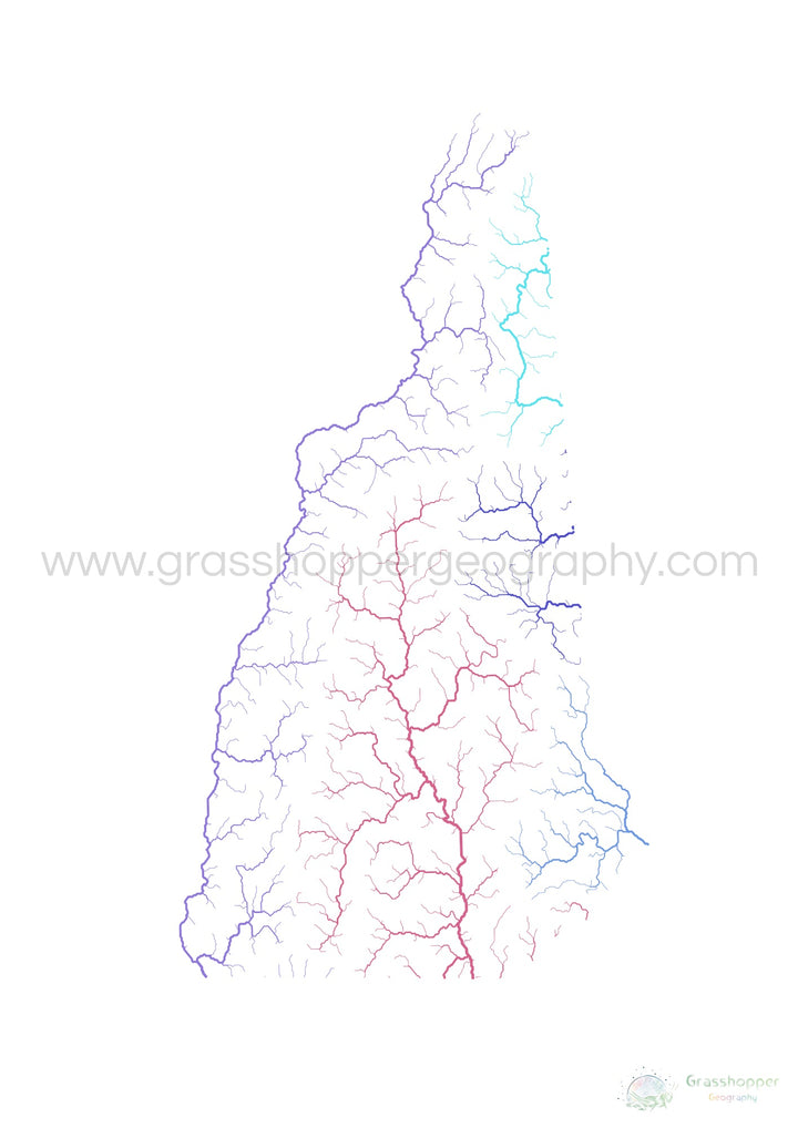 New Hampshire - Mapa de la cuenca fluvial, arco iris sobre blanco - Impresión de bellas artes