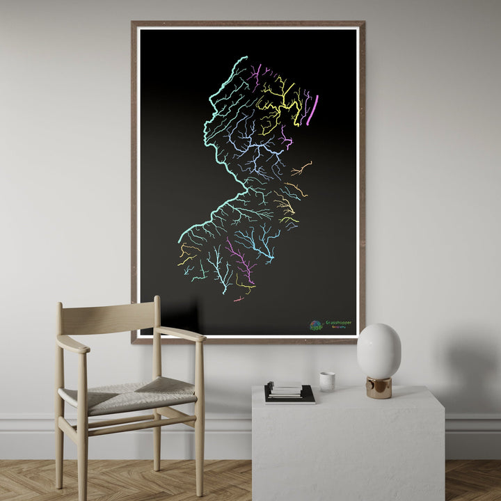 River basin map of New Jersey, pastel colours on black - Fine Art Print
