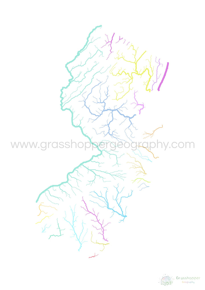 Nova Jersey - Mapa da bacia hidrográfica, pastel sobre branco - Impressão de belas artes