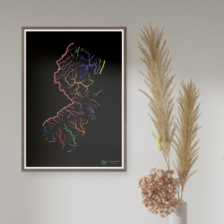 River basin map of New Jersey, rainbow colours on black - Fine Art Print