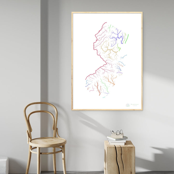 New Jersey - Carte du bassin fluvial, arc-en-ciel sur blanc - Fine Art Print