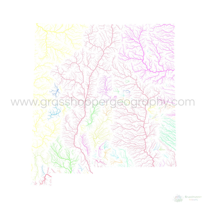 Nuevo México - Mapa de la cuenca del río, pastel sobre blanco - Impresión de Bellas Artes