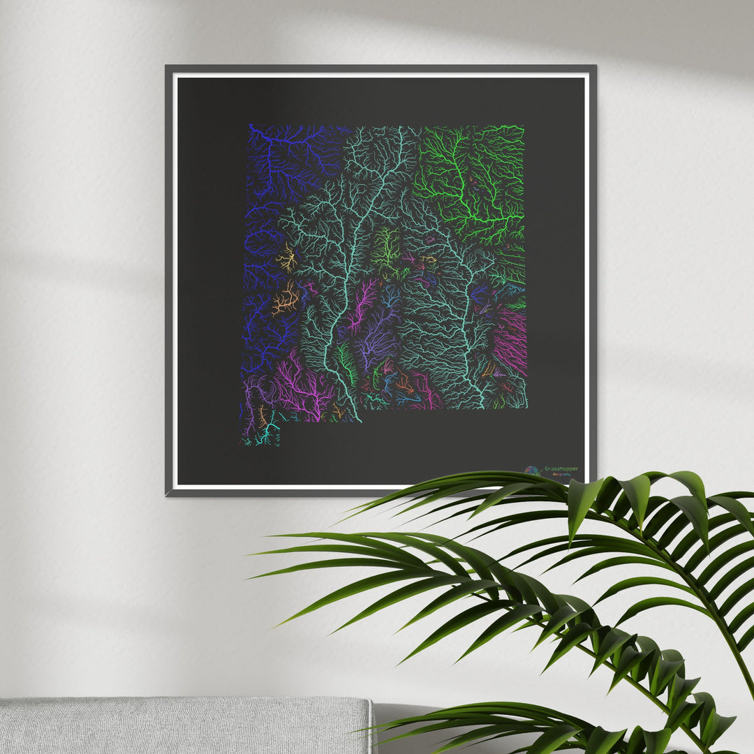 River basin map of New Mexico, rainbow colours on black - Fine Art Print