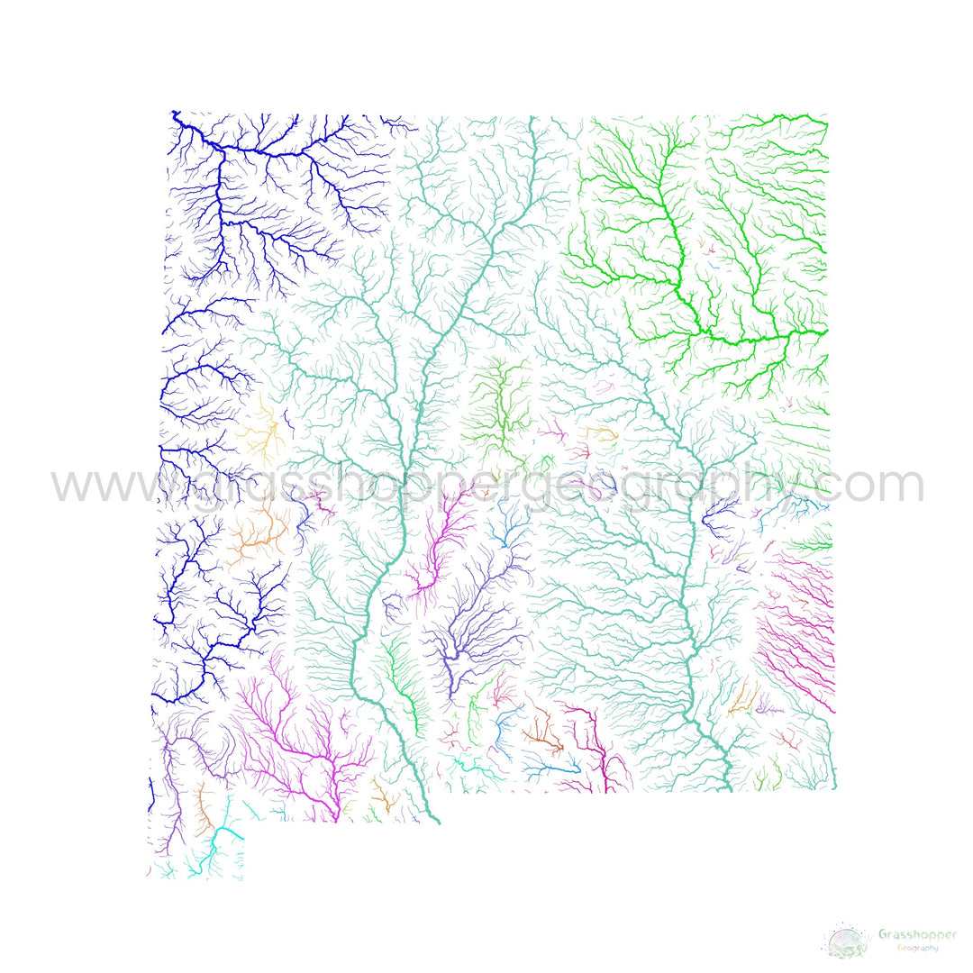 River basin map of New Mexico, rainbow colours on white Fine Art Print
