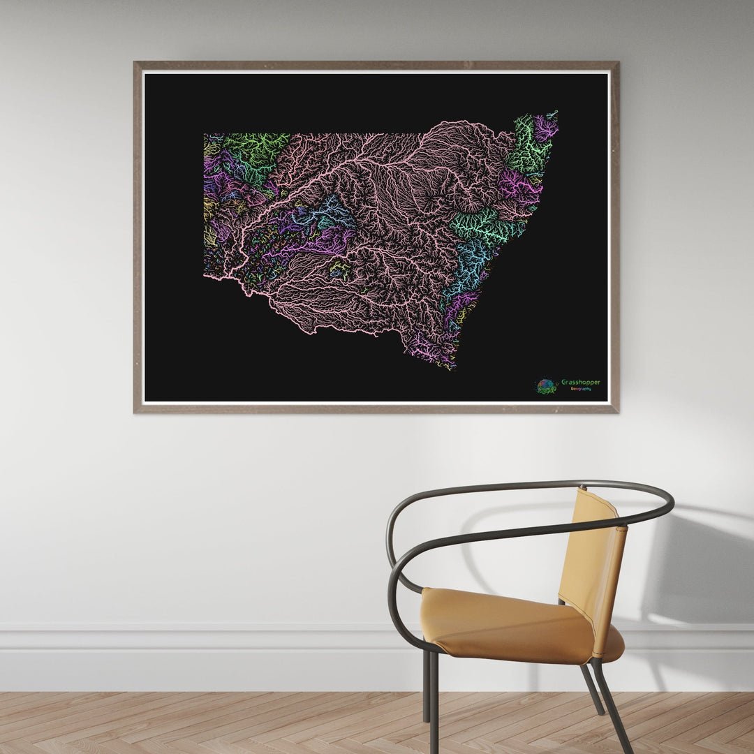 River basin map of New South Wales, pastel colours on black - Fine Art Print