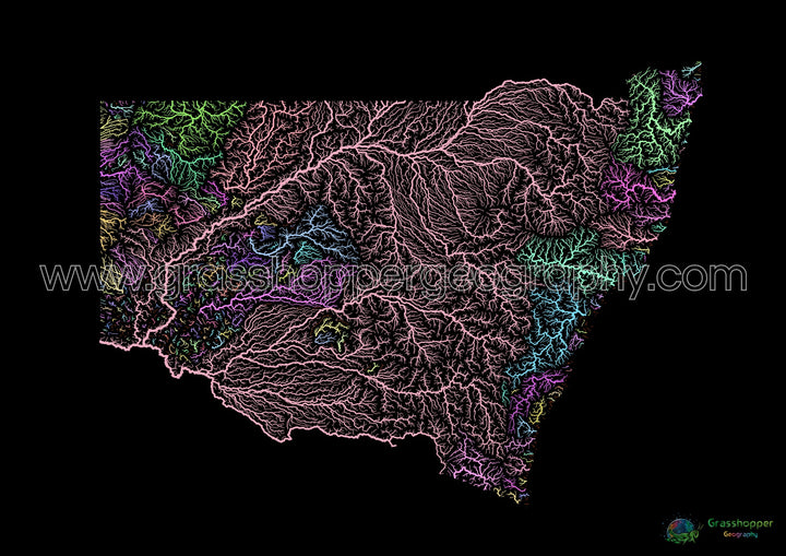 New South Wales - River basin map, pastel on black - Fine Art Print