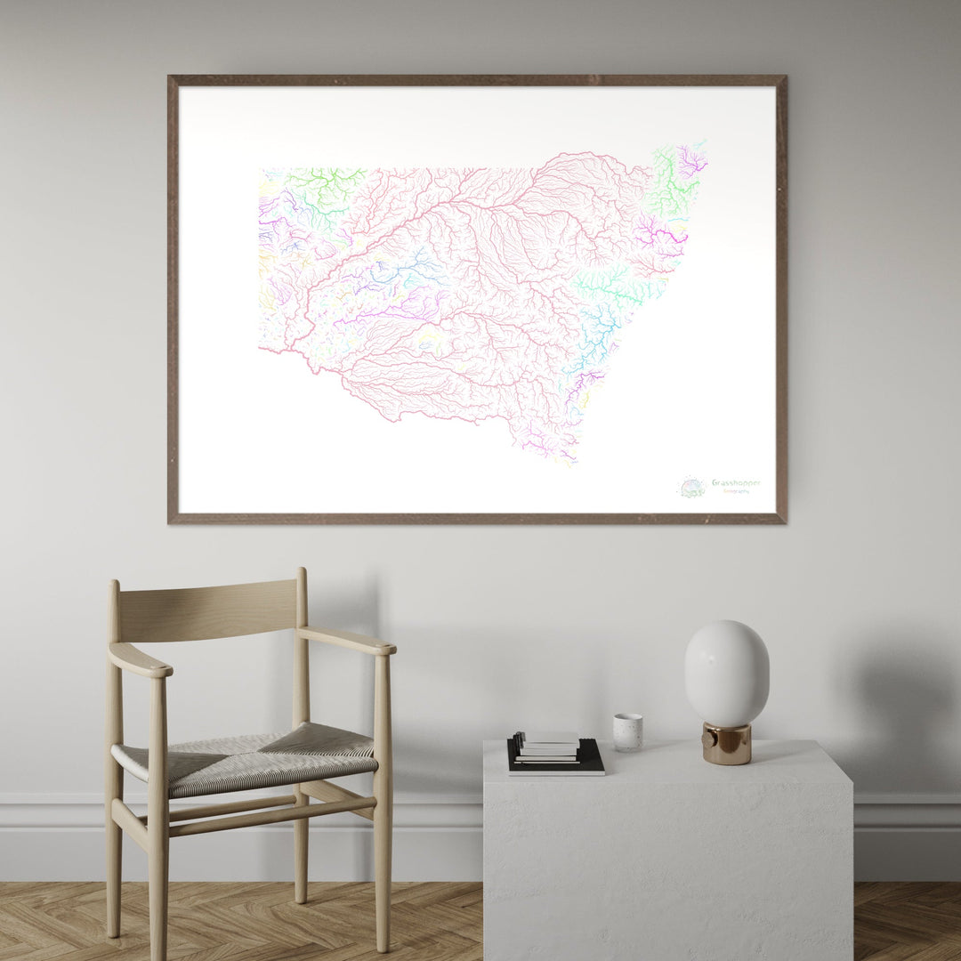 Nouvelle-Galles du Sud - Carte des bassins fluviaux, pastel sur blanc - Fine Art Print