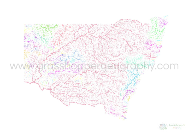 Nouvelle-Galles du Sud - Carte des bassins fluviaux, pastel sur blanc - Fine Art Print