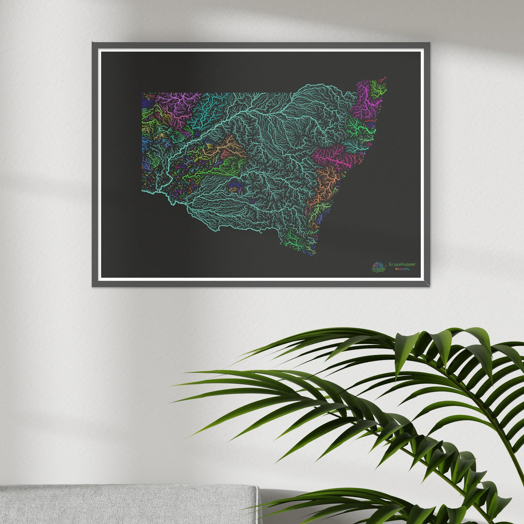 Nouvelle-Galles du Sud - Carte des bassins fluviaux, arc-en-ciel sur noir - Fine Art Print