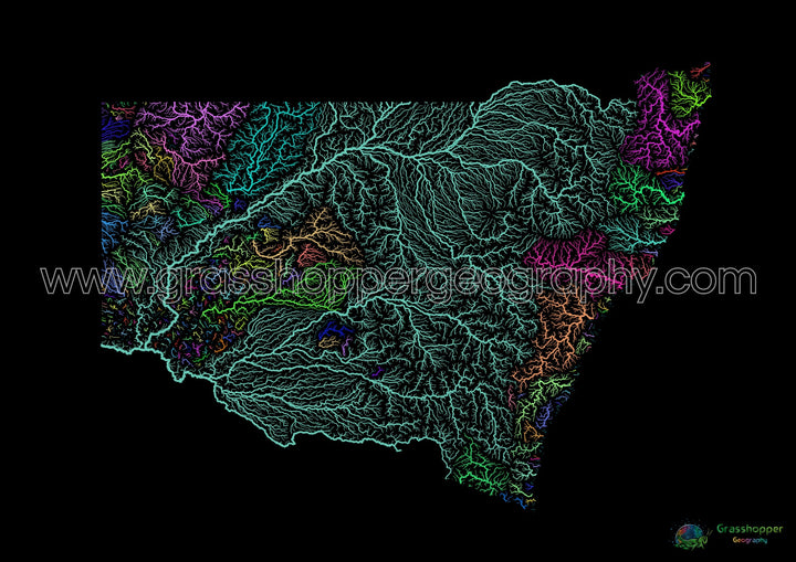 Nouvelle-Galles du Sud - Carte des bassins fluviaux, arc-en-ciel sur noir - Fine Art Print