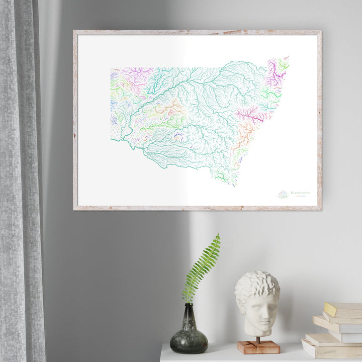 Nueva Gales del Sur - Mapa de la cuenca fluvial, arco iris sobre blanco - Impresión de bellas artes