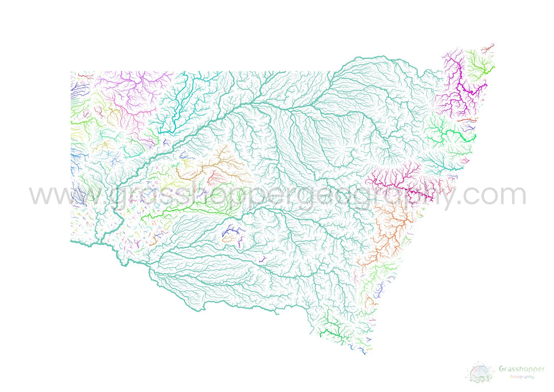 Nueva Gales del Sur - Mapa de la cuenca fluvial, arco iris sobre blanco - Impresión de bellas artes