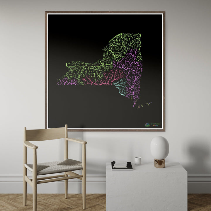 New York - River basin map, pastel on black - Fine Art Print