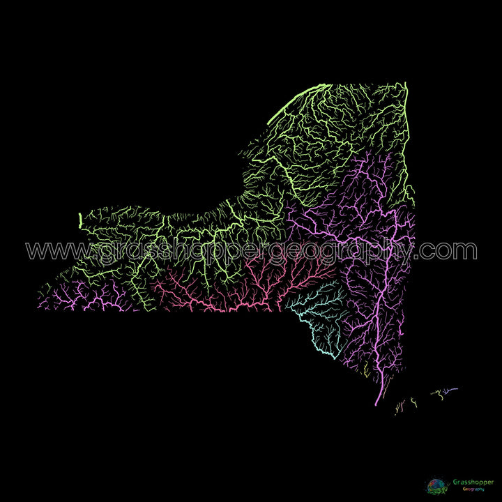 River basin map of New York, pastel colours on black - Fine Art Print