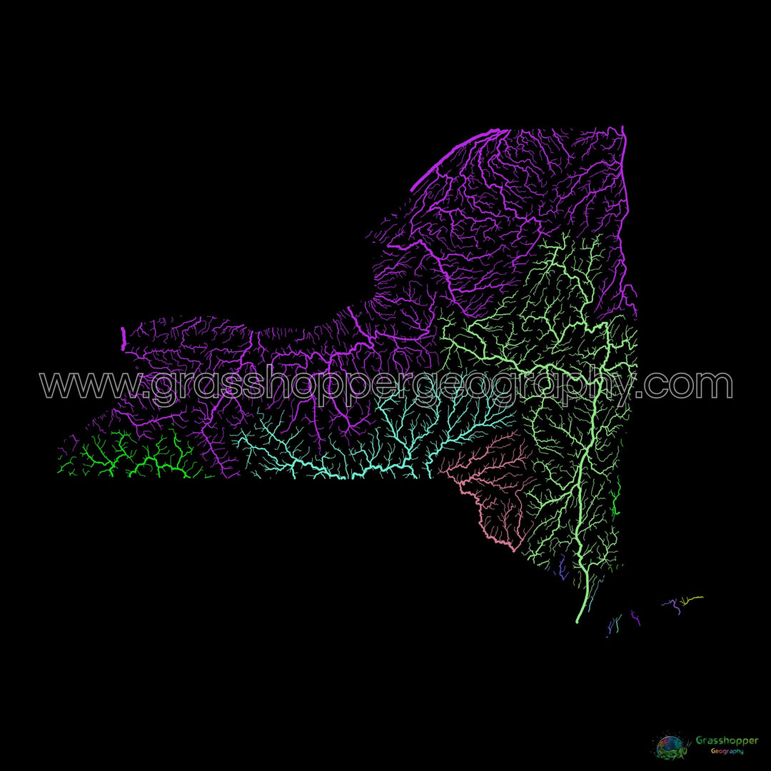 Nueva York - Mapa de la cuenca fluvial, arco iris sobre negro - Impresión de Bellas Artes