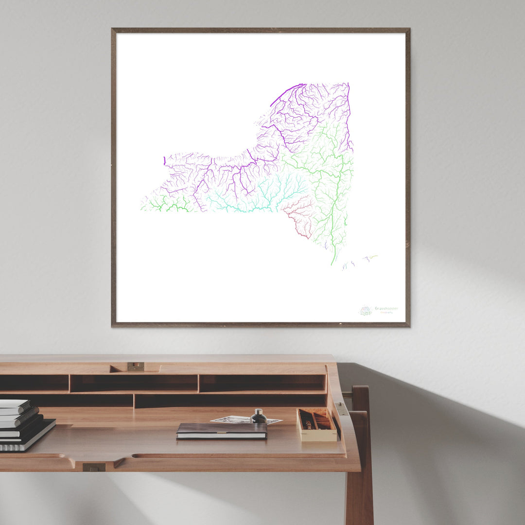Nueva York - Mapa de la cuenca fluvial, arco iris sobre blanco - Impresión de Bellas Artes
