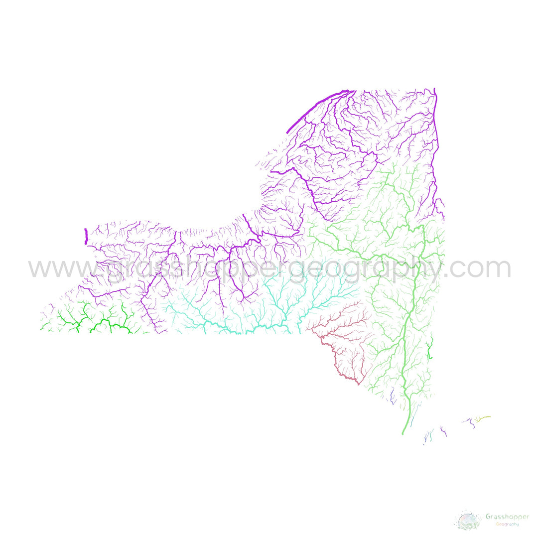 Nueva York - Mapa de la cuenca fluvial, arco iris sobre blanco - Impresión de Bellas Artes