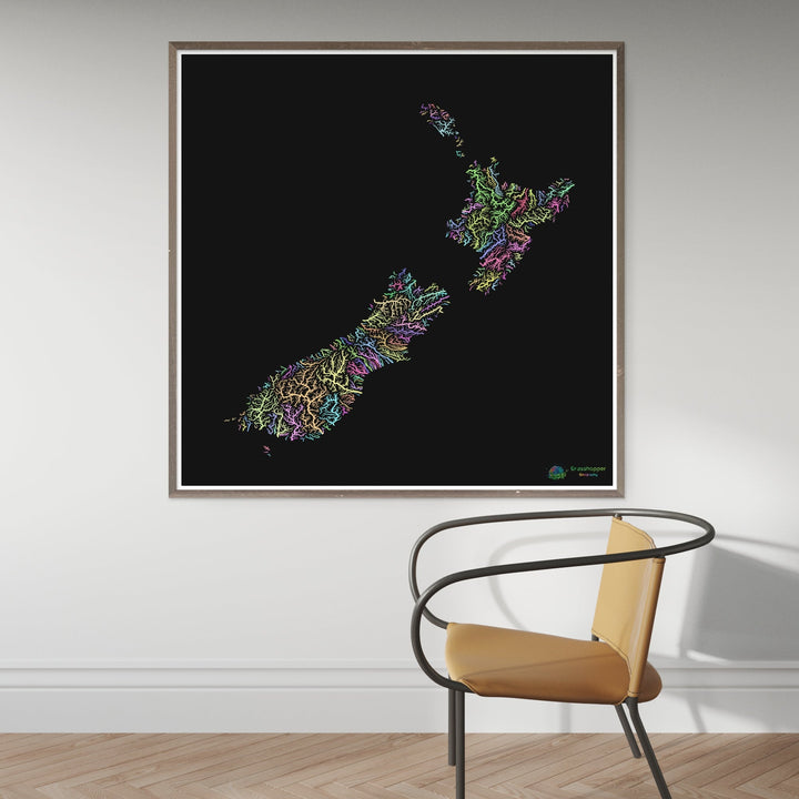 New Zealand - River basin map, pastel on black - Fine Art Print