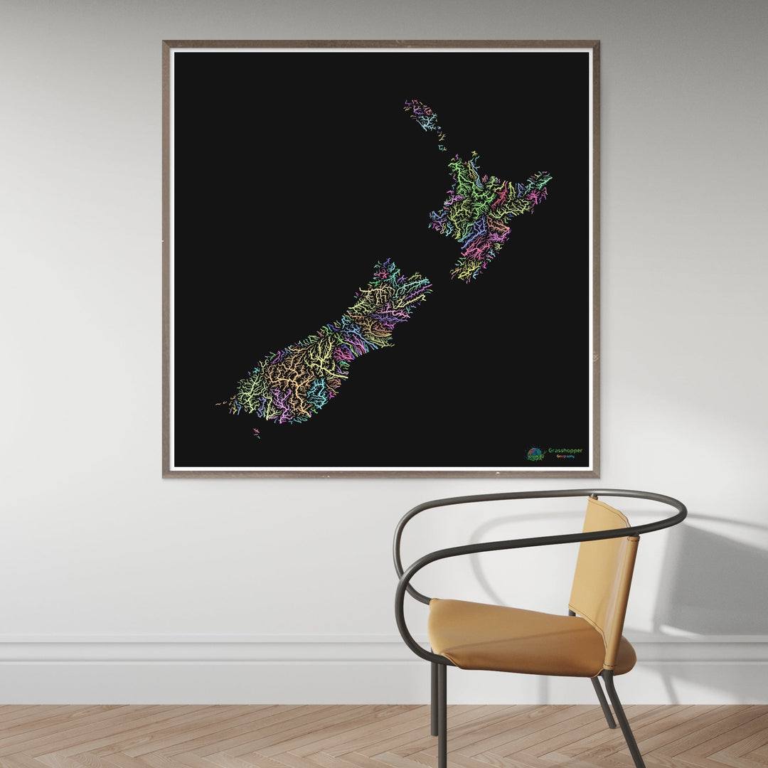 Nouvelle-Zélande - Carte des bassins fluviaux, pastel sur noir - Fine Art Print
