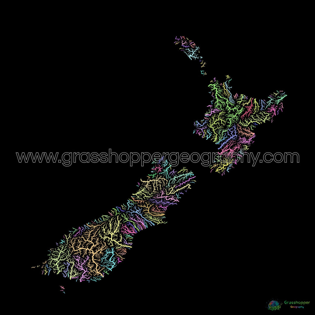 River basin map of New Zealand, pastel colours on black - Fine Art Print