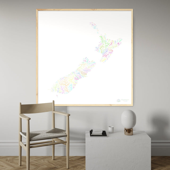Nueva Zelanda - Mapa de la cuenca fluvial, pastel sobre blanco - Impresión de Bellas Artes