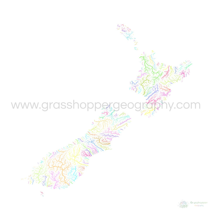 Nueva Zelanda - Mapa de la cuenca fluvial, pastel sobre blanco - Impresión de Bellas Artes