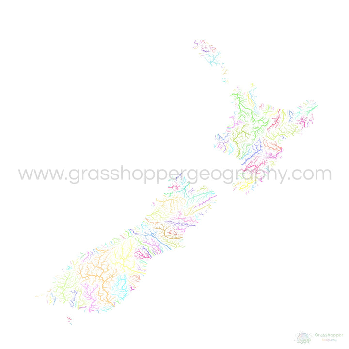 New Zealand - River basin map, pastel on white - Fine Art Print