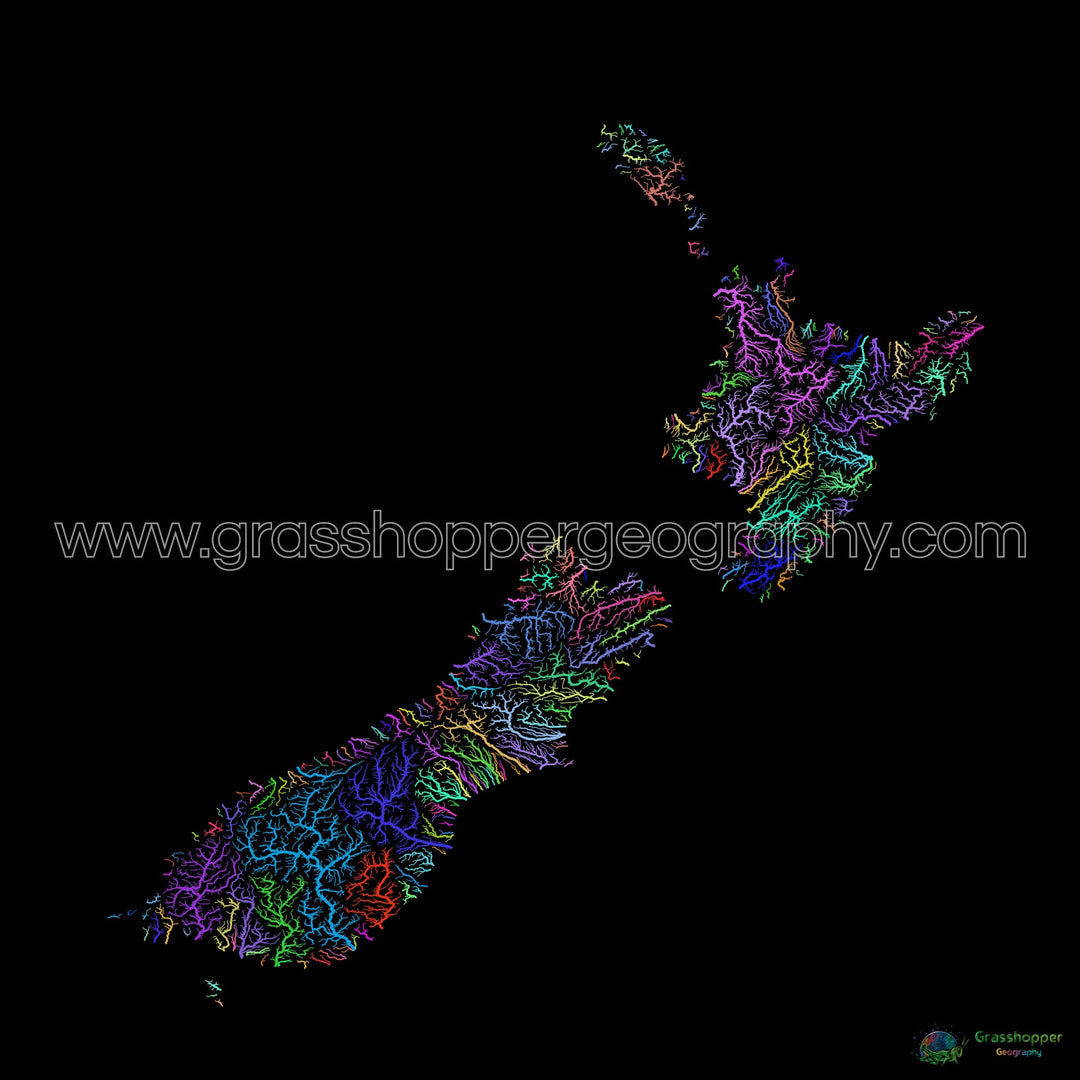 River basin map of New Zealand, rainbow colours on black - Fine Art Print