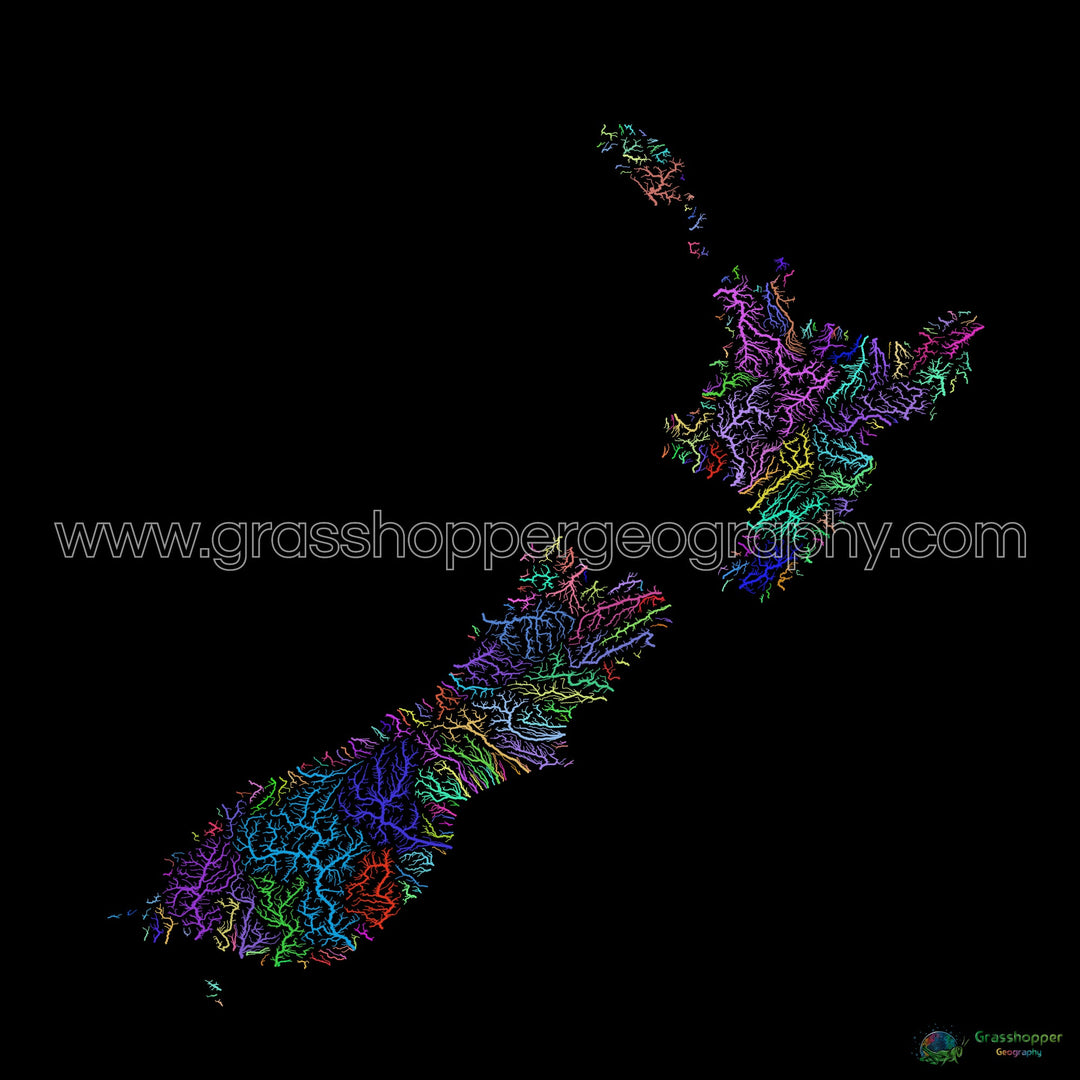 New Zealand - River basin map, rainbow on black - Fine Art Print