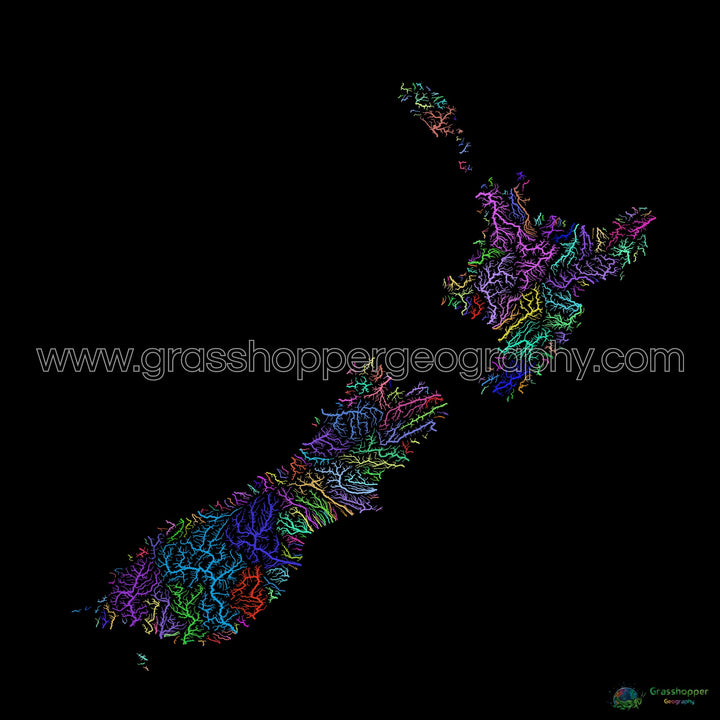 New Zealand - River basin map, rainbow on black - Fine Art Print