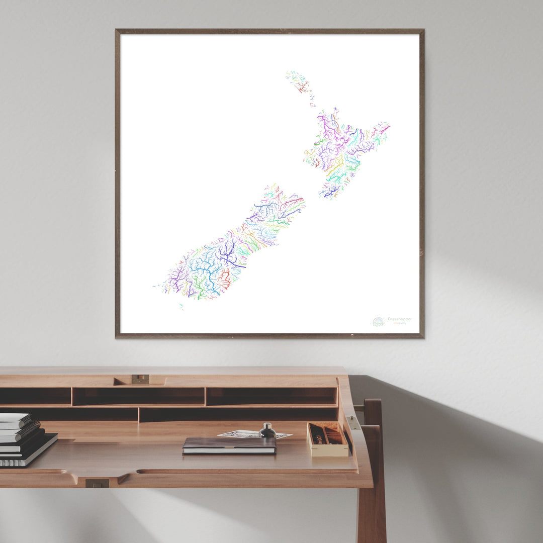 Nouvelle-Zélande - Carte des bassins fluviaux, arc-en-ciel sur blanc - Fine Art Print