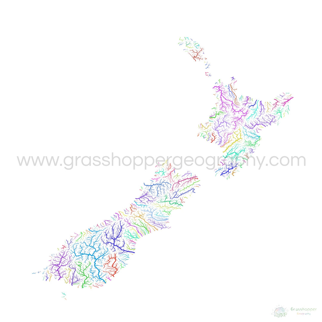River basin map of New Zealand, rainbow colours on white Fine Art Print