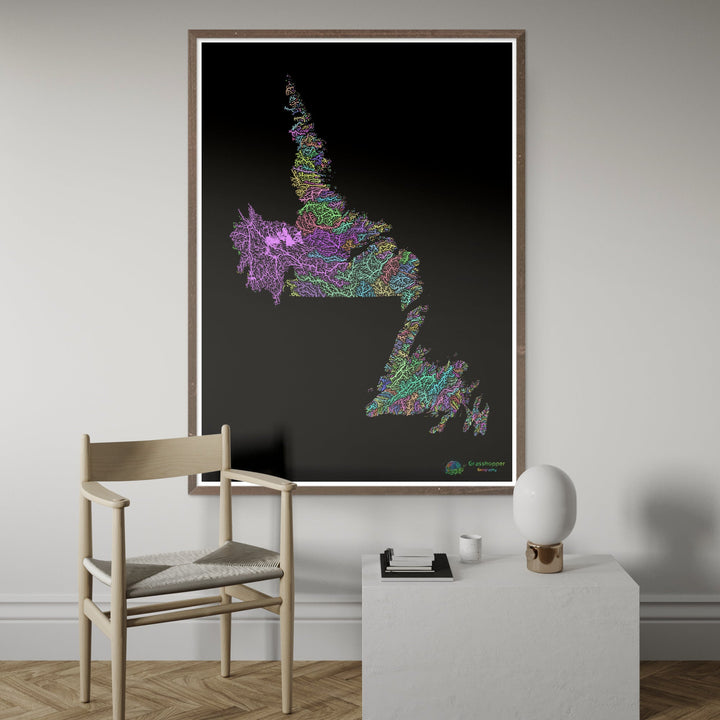 Terranova y Labrador - Mapa de la cuenca fluvial, pastel sobre negro - Impresión de Bellas Artes