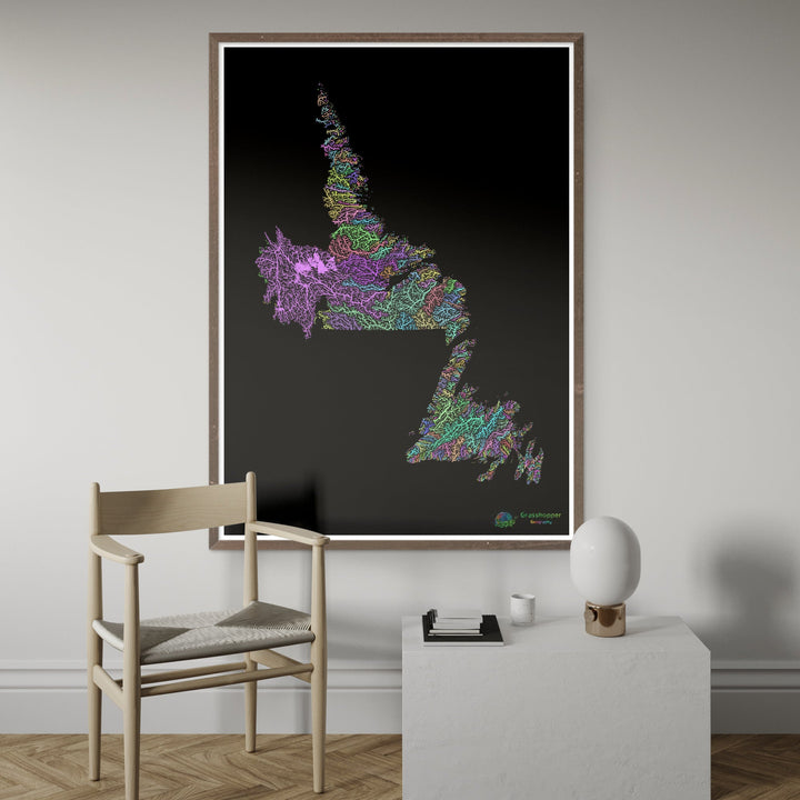 纽芬兰和拉布拉多 - 河流流域地图，黑底粉彩 - 美术印刷品