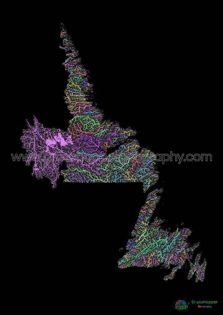 Terra Nova e Labrador - Mapa da bacia hidrográfica, pastel sobre preto - Impressão de belas artes