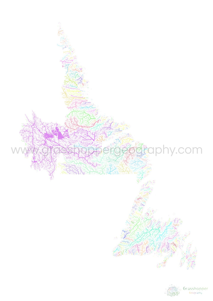 Terra Nova e Labrador - Mapa da bacia hidrográfica, pastel sobre branco - Impressão de belas artes