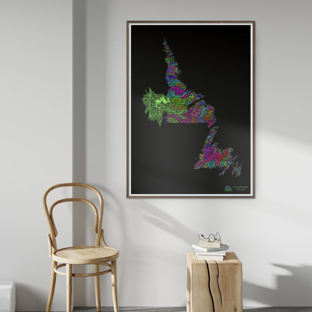 River basin map of Newfoundland and Labrador, rainbow colours on black - Fine Art Print