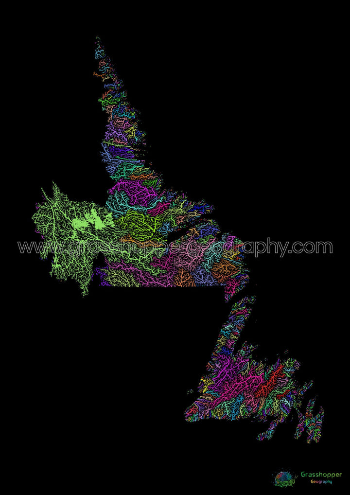 Newfoundland and Labrador - River basin map, rainbow on black - Fine Art Print