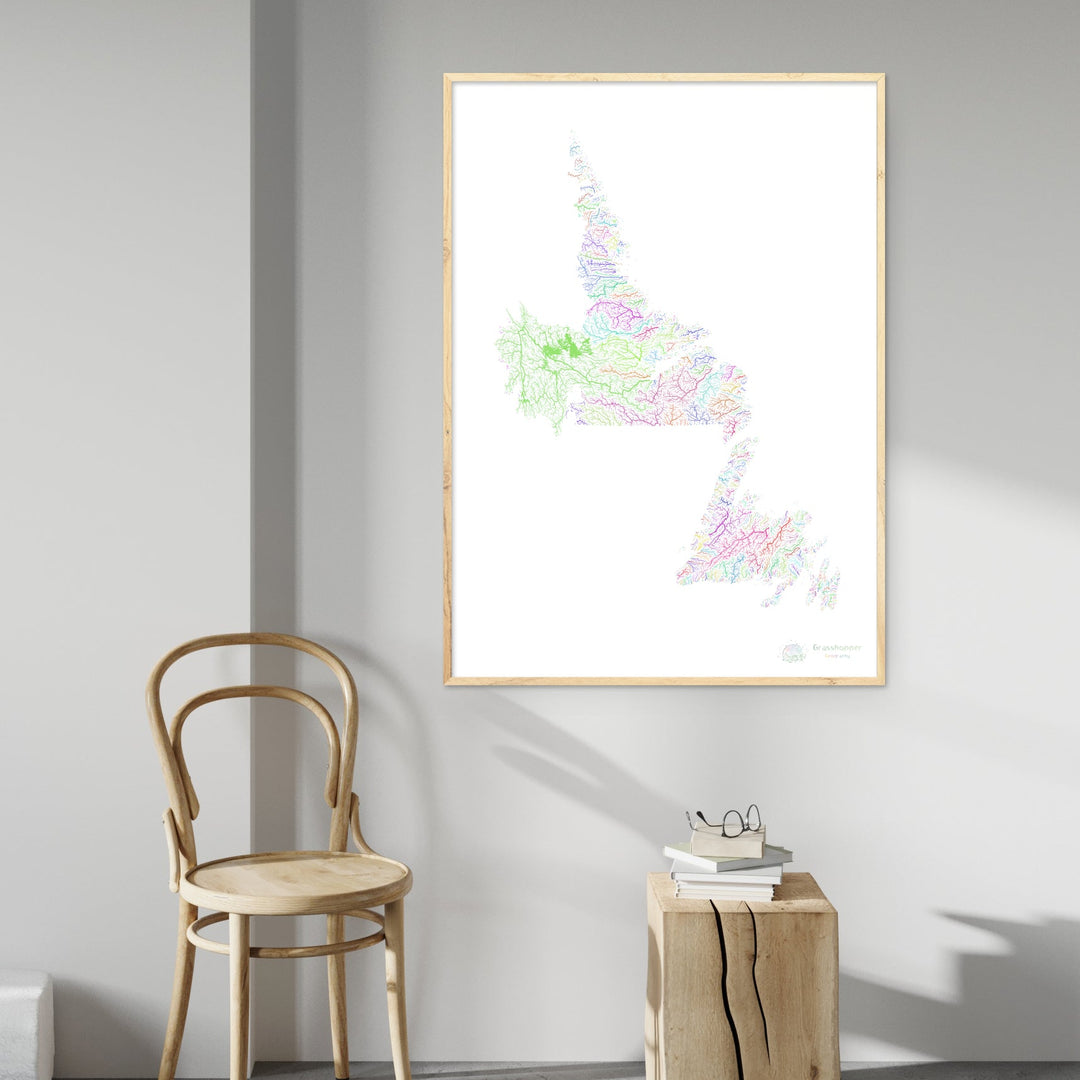 Terranova y Labrador - Mapa de la cuenca fluvial, arco iris sobre blanco - Impresión de bellas artes