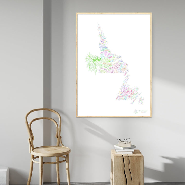 Terra Nova e Labrador - Mapa da bacia hidrográfica, arco-íris em branco - Impressão de belas artes