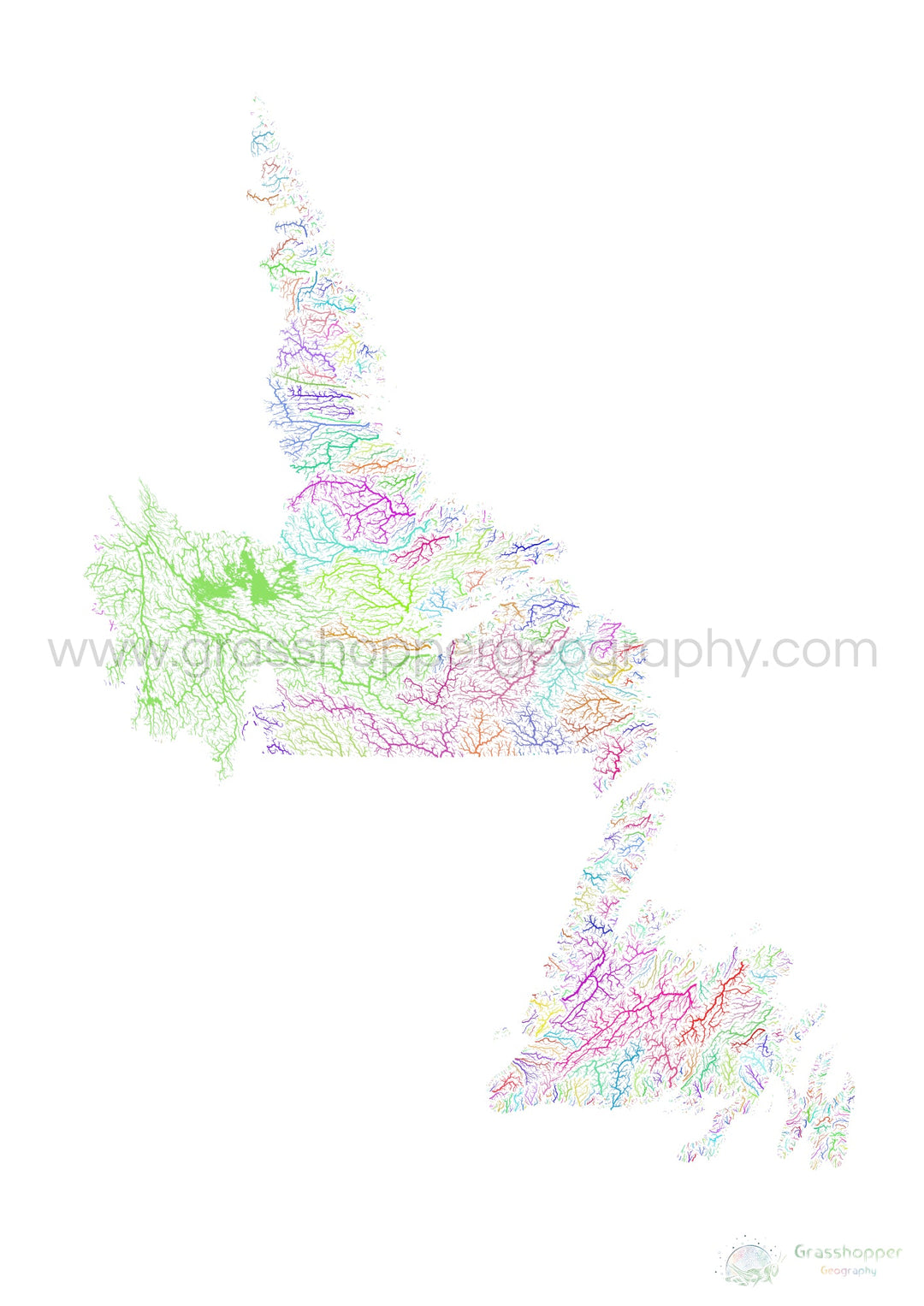 Terranova y Labrador - Mapa de la cuenca fluvial, arco iris sobre blanco - Impresión de bellas artes