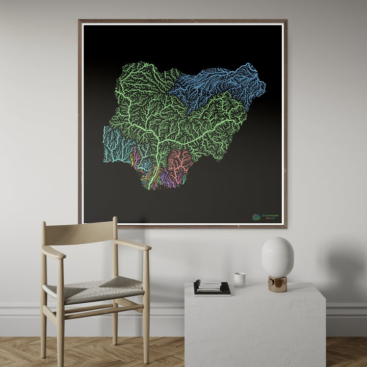 Nigeria - River basin map, pastel on black - Fine Art Print