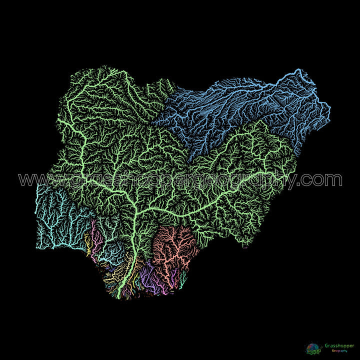Nigeria - Mapa de la cuenca fluvial, pastel sobre negro - Impresión de Bellas Artes