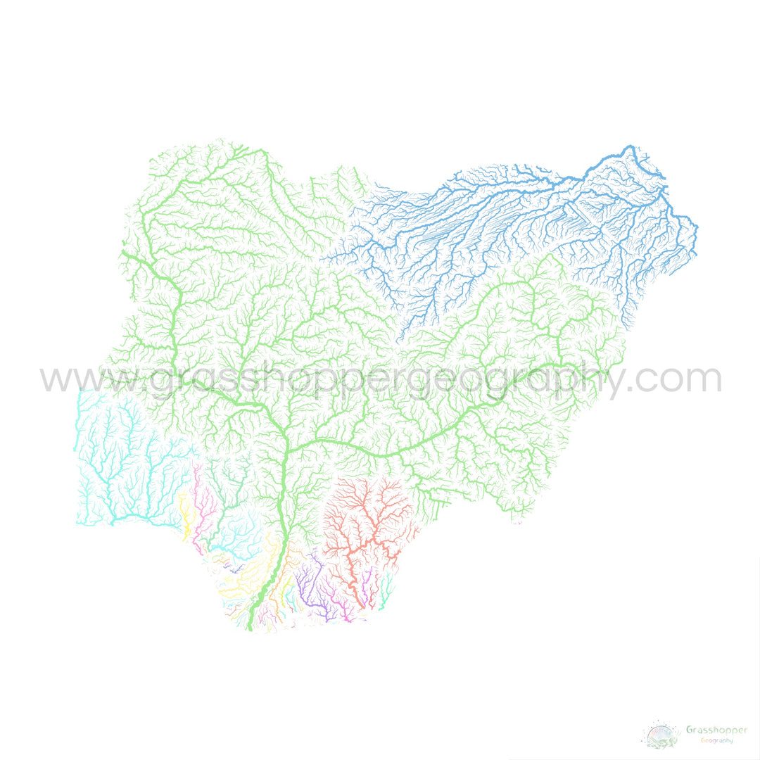 Nigeria - Mapa de la cuenca fluvial, pastel sobre blanco - Impresión de Bellas Artes