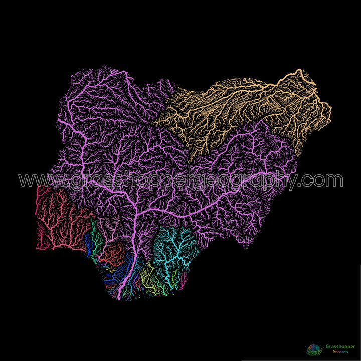 Nigeria - Mapa de la cuenca fluvial, arco iris sobre negro - Impresión de bellas artes